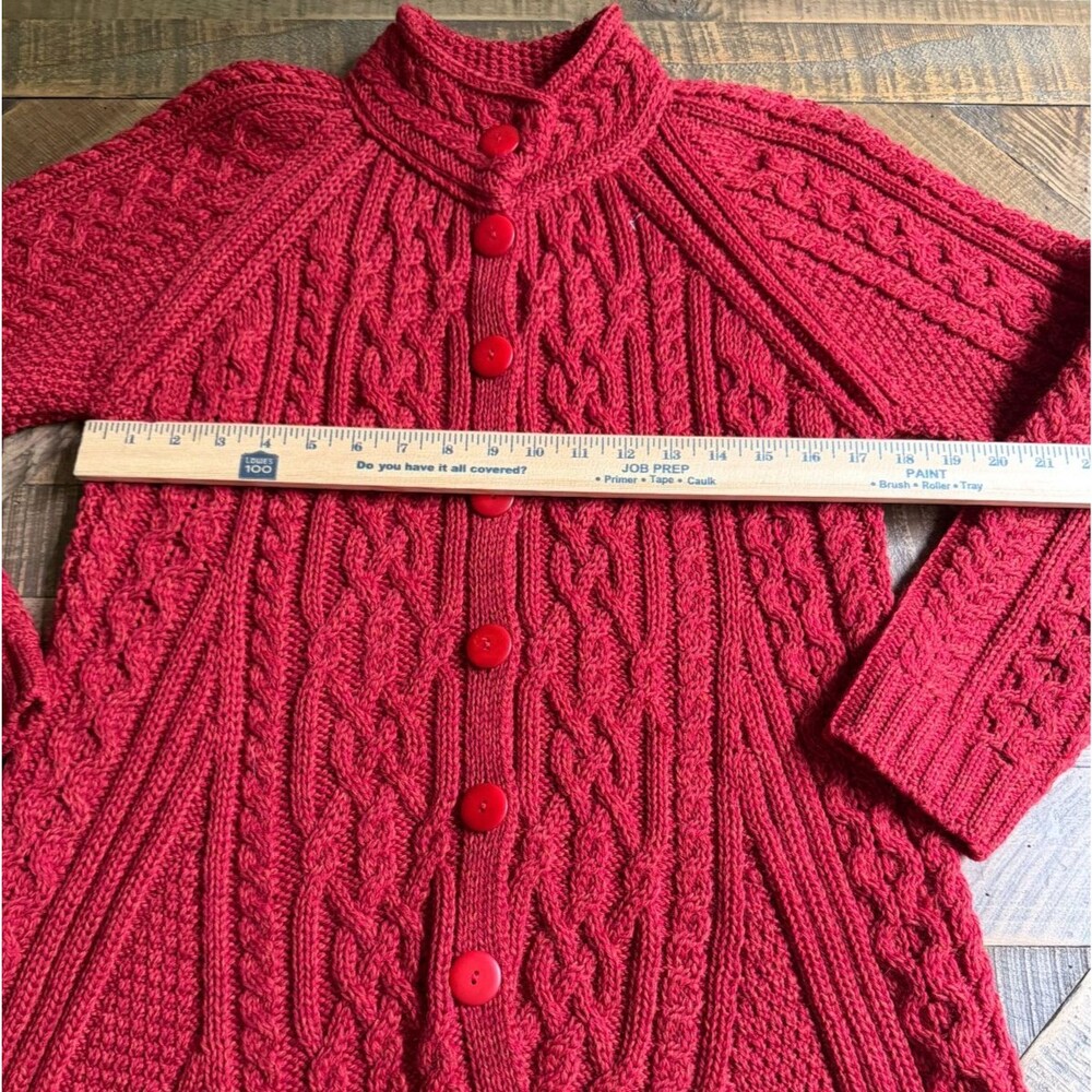 Blarney Ireland 100% Merino Wool Long Cable Knit Sweater L Made in Ireland Red - Picture 11 of 11